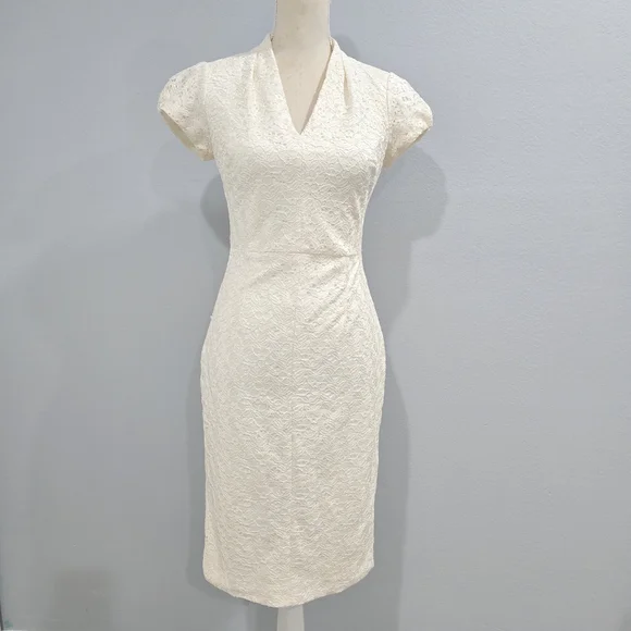 Betsey Johnson Womens Lace Overlay V-Neck Cocktail Dress, Cream